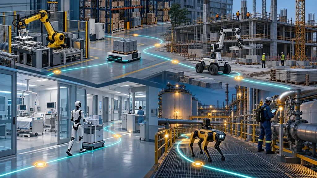 Connected operational landscape showing several robot embodiments serving distinct physical missions.