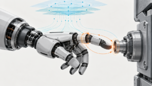 Humanoid hand at contact with a cyan semantic path and orange local reflex loop.