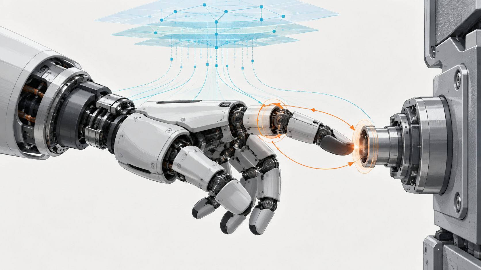 Humanoid hand at contact with a cyan semantic path and orange local reflex loop.