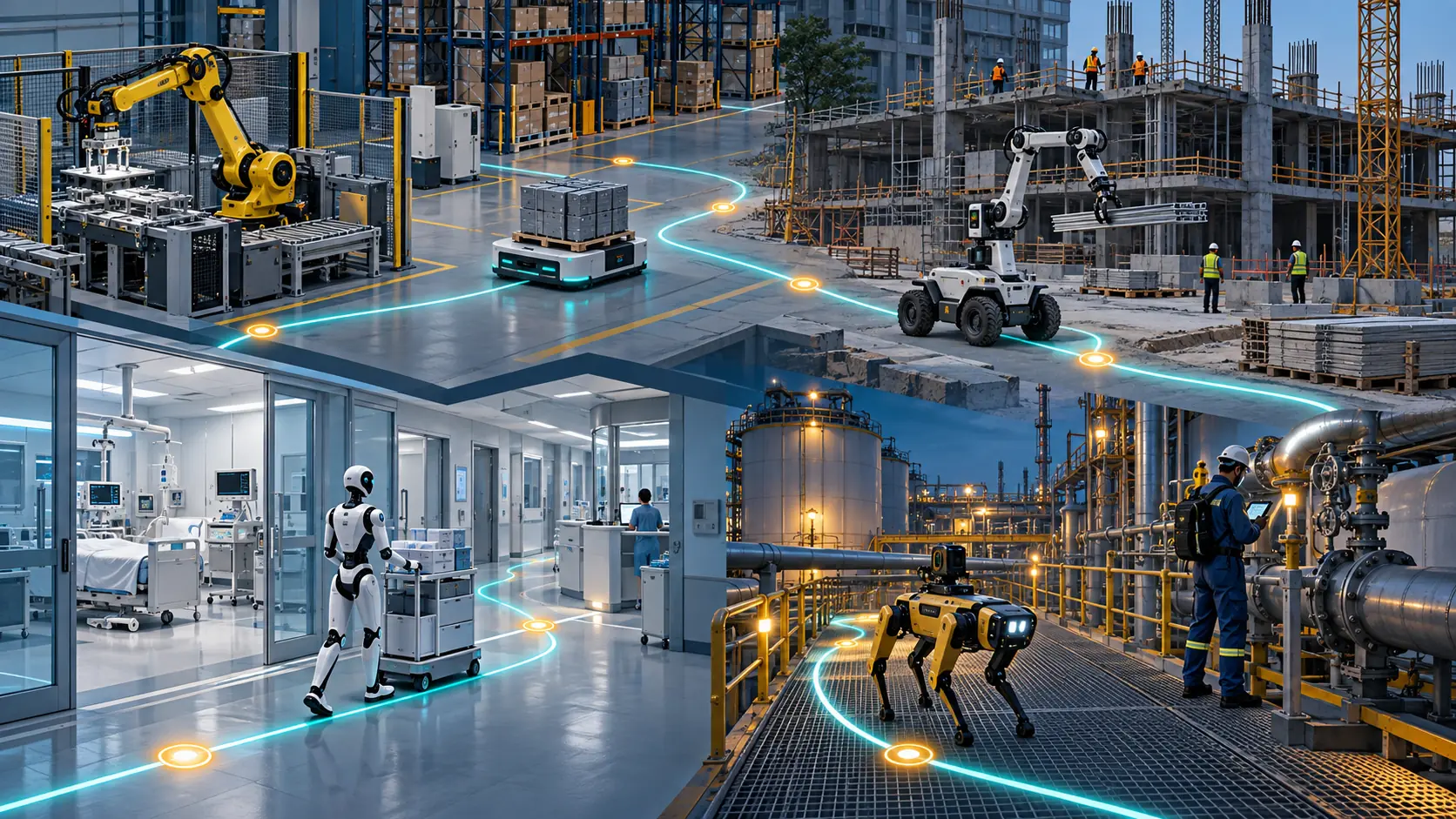 Connected operational landscape showing several robot embodiments serving distinct physical missions.