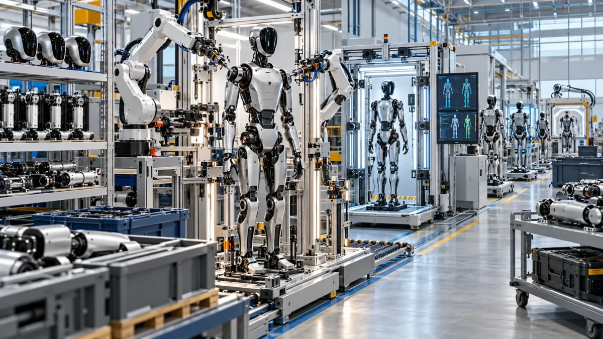 Humanoid robot moving through modular manufacturing, calibration and test stages.