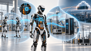 Industrial humanoid visualized at the center of four distinct connectivity domains.