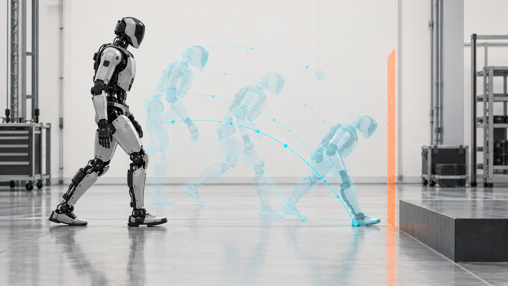 Humanoid robot facing several predicted future trajectories that narrow into one constrained physical path.