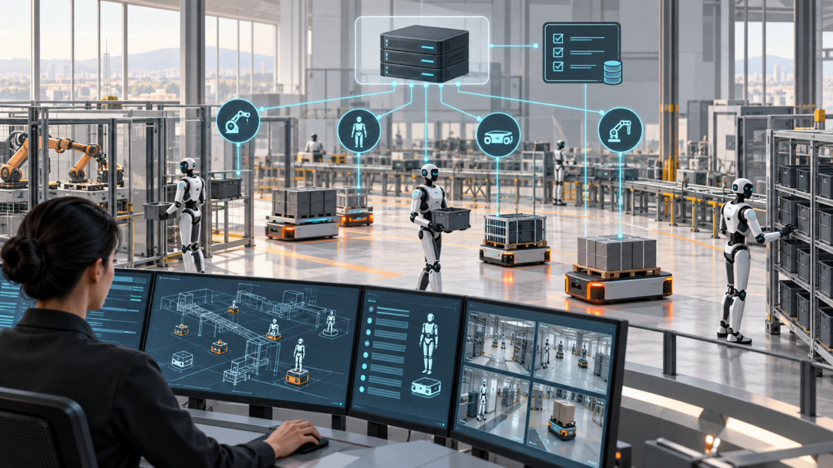 Humanoid and mobile robots connected by information and energy paths within a controlled industrial fleet.