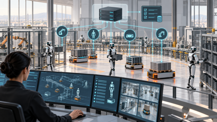 Humanoid and mobile robots connected by information and energy paths within a controlled industrial fleet.