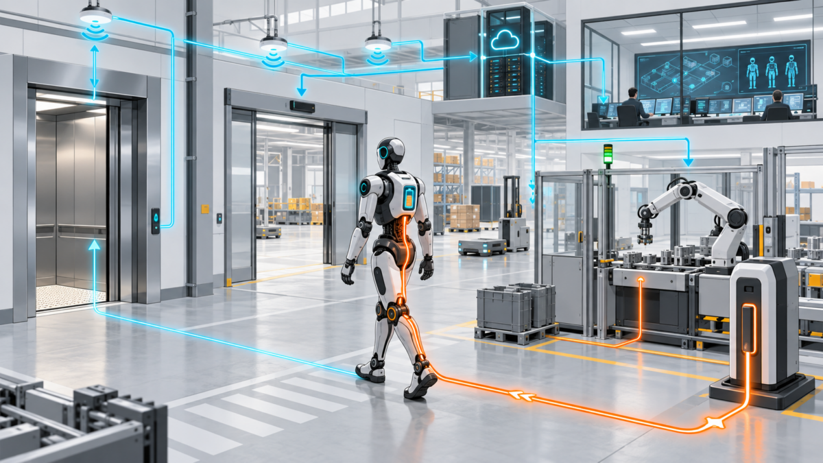 A mobile humanoid moves through an industrial facility connected to charging, doors, lifts, edge services and fleet control by energy and information flows.