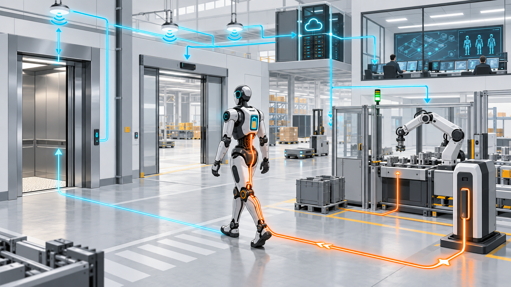 A mobile humanoid moves through an industrial facility connected to charging, doors, lifts, edge services and fleet control by energy and information flows.