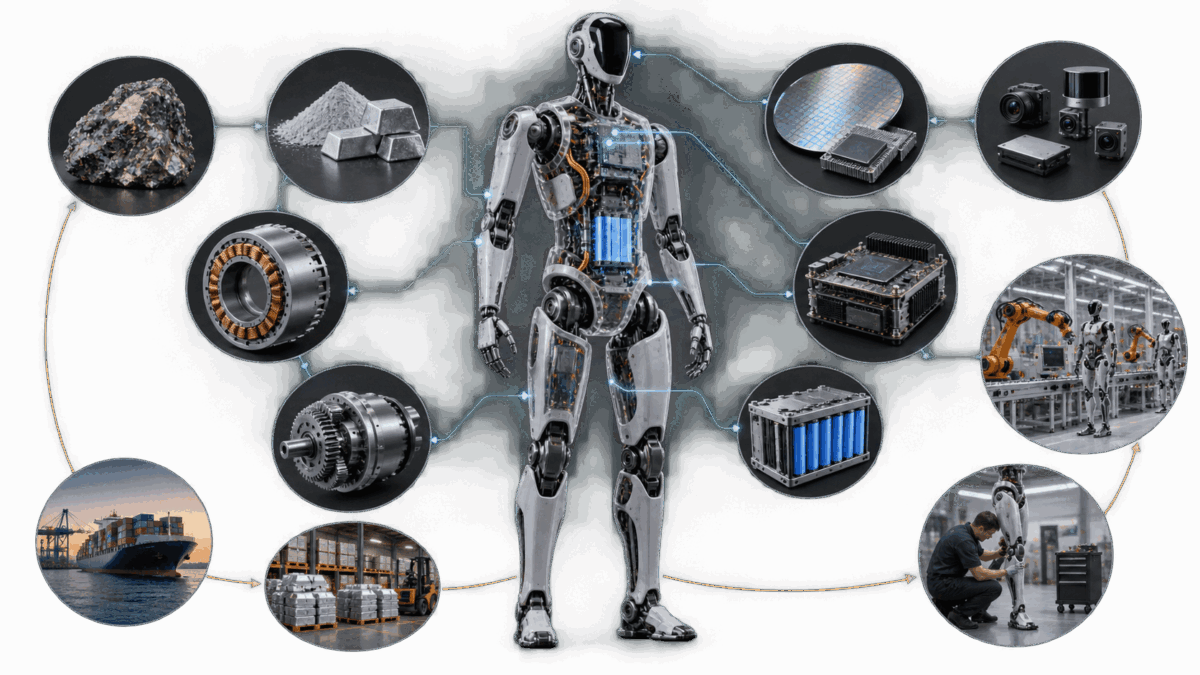 Humanoid robot connected to materials, components, manufacturing and lifecycle services across its supply chain.