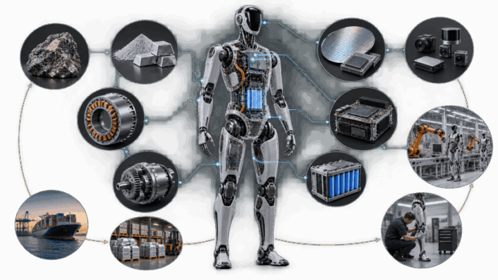 Humanoid robot connected to materials, components, manufacturing and lifecycle services across its supply chain.