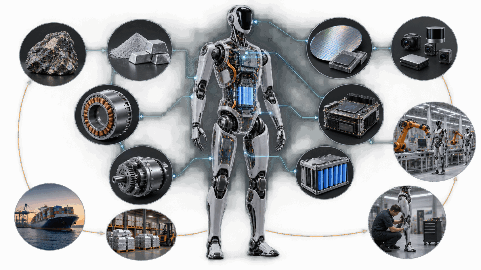 Humanoid robot connected to materials, components, manufacturing and lifecycle services across its supply chain.