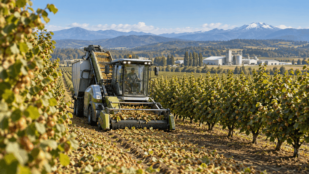 Chilean hazelnut orchard during mechanical harvest.
