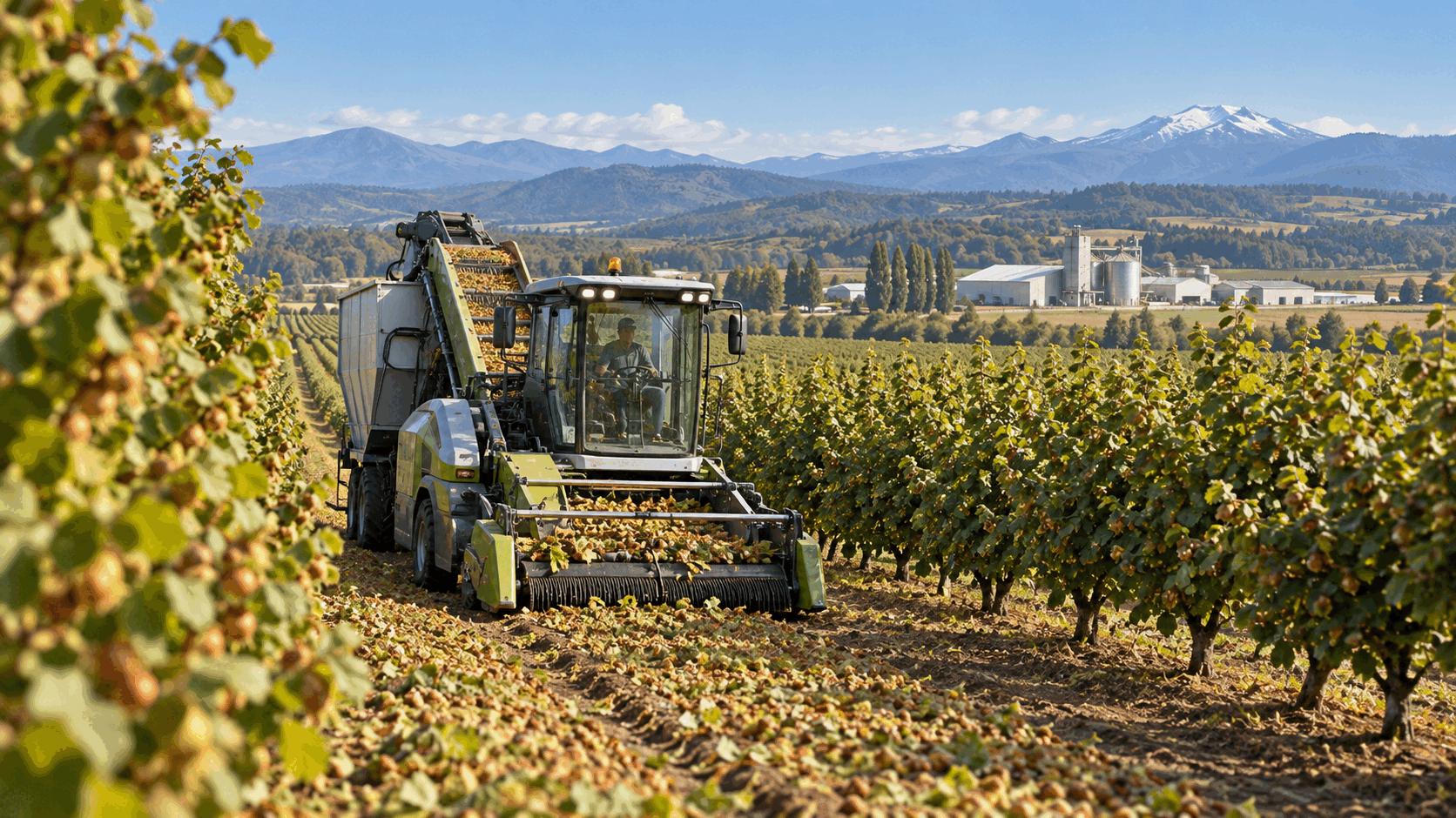 Chilean hazelnut orchard during mechanical harvest.