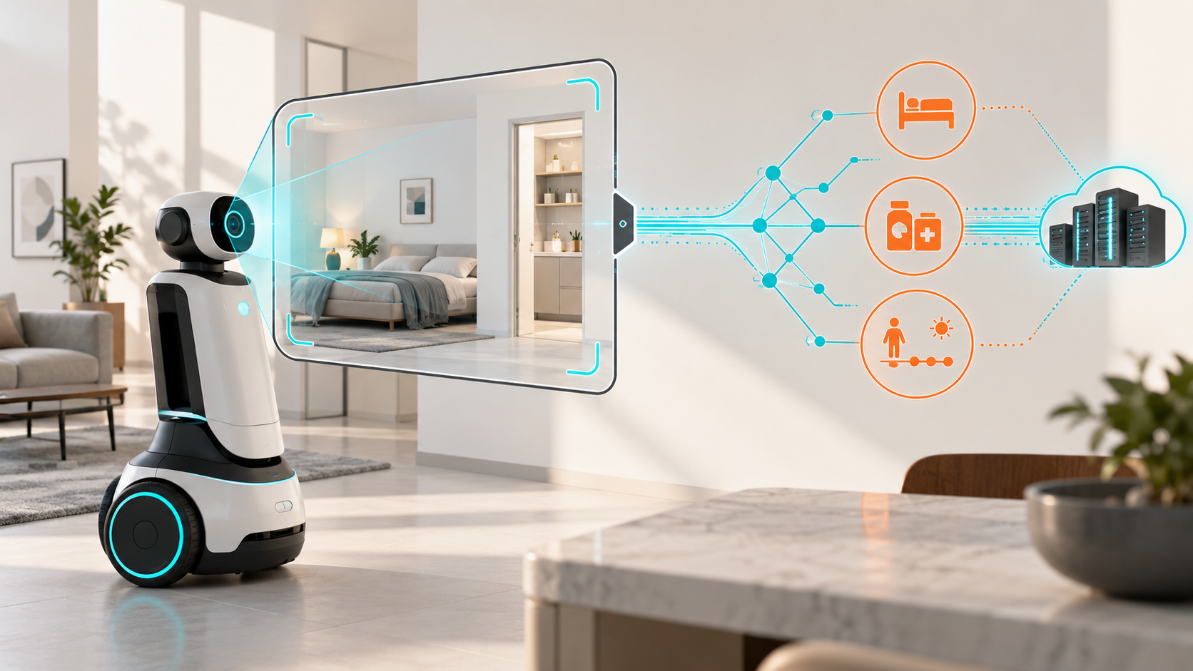 A robot keeps camera imagery inside a boundary while an exported cyan map reveals orange clues about the room.