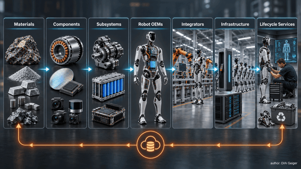 Seven layers of the Physical AI value chain connected by product and data flows.