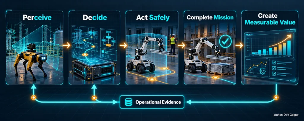 Causal system diagram from perception to measurable value with an evidence feedback loop.