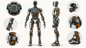 Cutaway humanoid showing central compute connected to distributed embedded controllers across joints, sensing and power nodes.