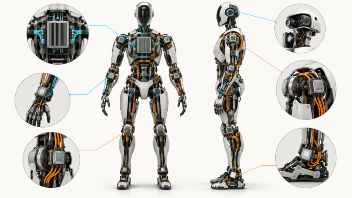 Cutaway humanoid showing central compute connected to distributed embedded controllers across joints, sensing and power nodes.