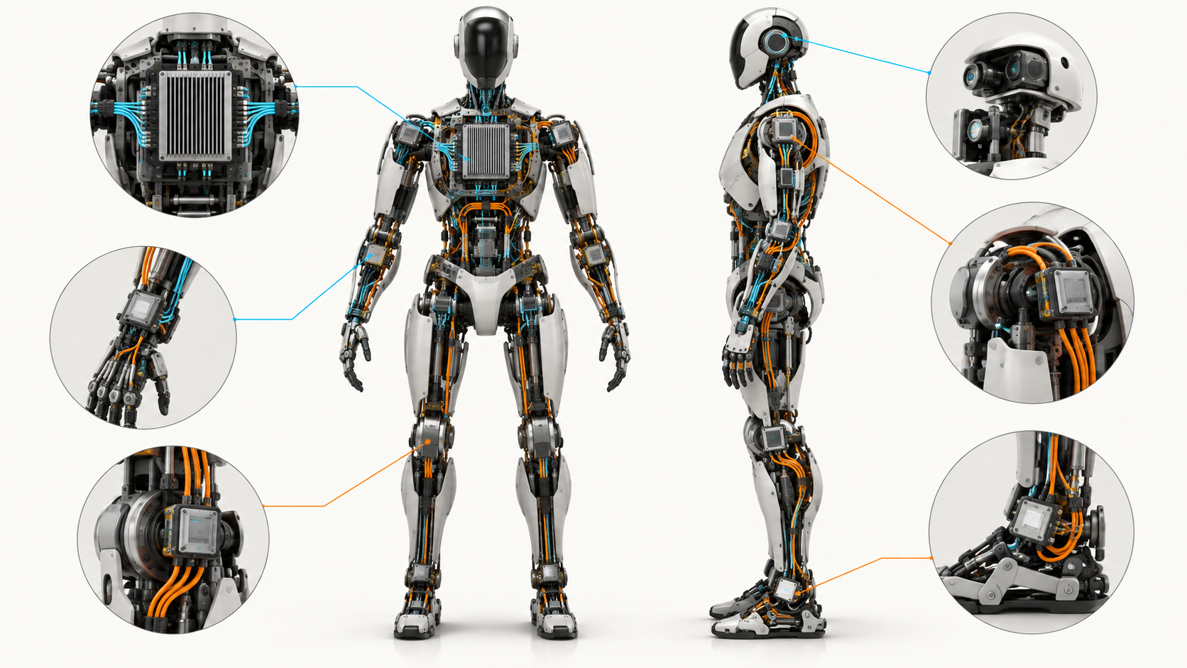 Cutaway humanoid showing central compute connected to distributed embedded controllers across joints, sensing and power nodes.