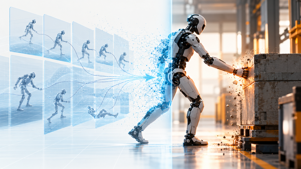 Humanoid robot crossing from reversible digital decision space into irreversible physical action.