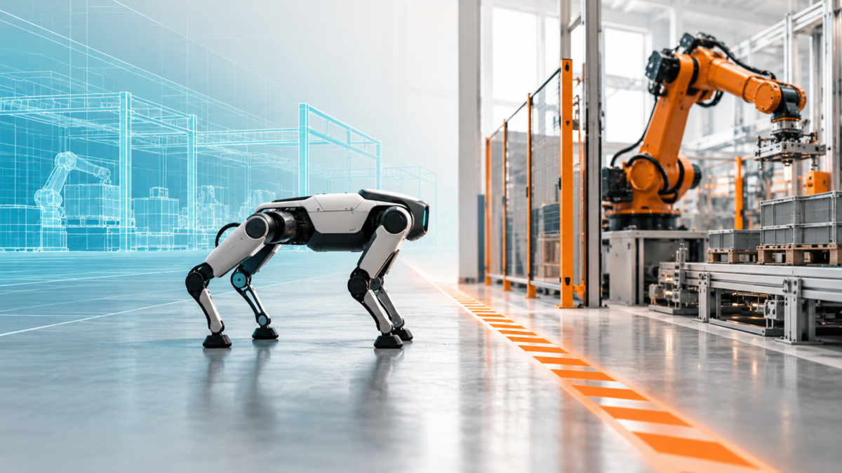 Robot pauses at an industrial boundary between digital planning and physical machinery.