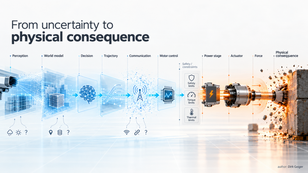 Engineering chain showing uncertainty moving from perception through control and actuation into physical consequence.